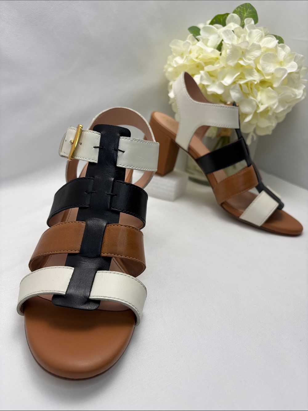 Cole Haan Women’s 9.5 Tri-Panel Leather Block Heel Sandals -Blk,Brn and Wht #462